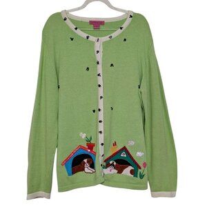 Vintage Bobbie Bell Dog Cardigan Womens Size Large Green Embellished Sweater